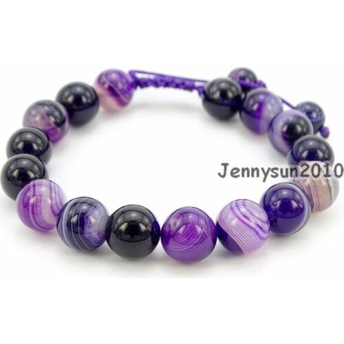 Handmade 10mm Adjustable Natural Purple Stripe Ag-ate Gems Stone Round Beads Bracelet Healing Reiki 5 Strands/Pack