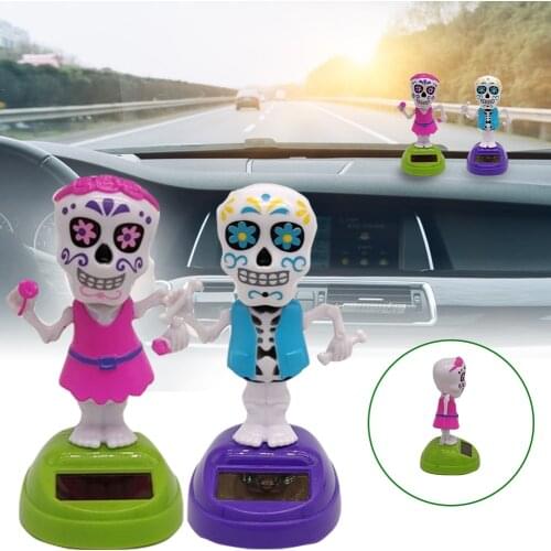 Solar Shaking Head Doll Solar Swinging Skull Car Interior Ornaments HalloweenCartoon Car Doll Jewelry Halloween Gift
