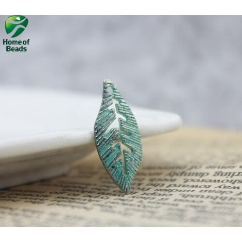 Tibetan Green Silver Color Diy Metal Tree Leaf Beads For Making Supplies 25x11mm 30 Pieces/lot ZA1226