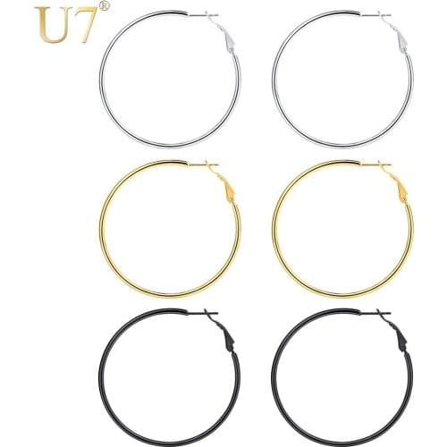 U7 Minimalist Round Hoop Earrings For Women Stainless Steel Gold/Black Color Circle Earring Fashion Jewelry oorbellen aros E1010