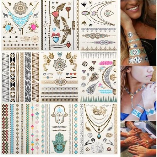 High Quality 9Pcs/set Design Tattoo Fashion Temporary Tatto Stickers Body Art Waterproof Flash Metallic Tattoos Sticker