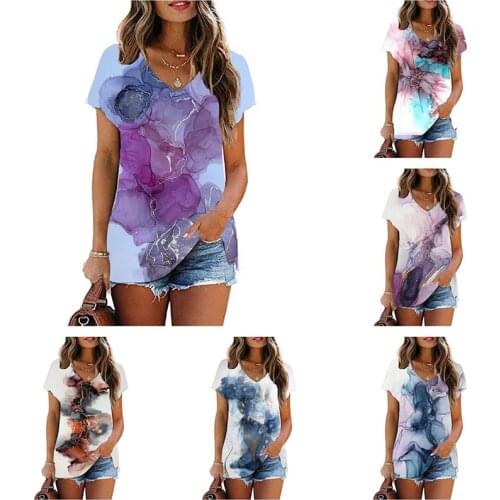 2021 New Fashion Summer Womens Temperament V-Neck Gradient Print Slim T-Shirt Loose Short Sleeve Casual Plus Size Female Tops