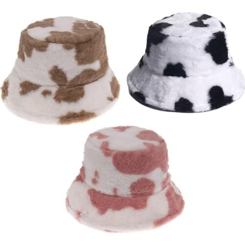 Women Winter Warm Thicken Fluffy Plush Bucket Hat Vintage Milk Cow Printed Wide Brim Sunscreen Packable Panama Fisherman Cap