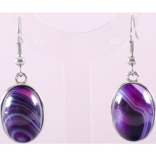 Natural Stone Dangle Earrings For Women Real Purple Veins Onyx Oval Beads Stainless Steel Earrings 1Pair U431