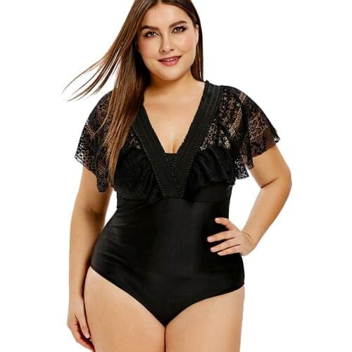 Plus Size Womens Lace Insert One Piece Swimsuit Skinny Bodysuits Wireless Padded Swimwear Bathing Suit beachwear XXL XXXL 4XL