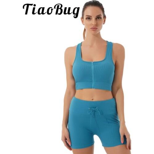 Women Sport Slim Fit Tracksuit Set Jogger Gym Outfit U Neck Sleeveless Zipper Tank Crop Top Shorts Bottoms Casual Ribbed Clothes