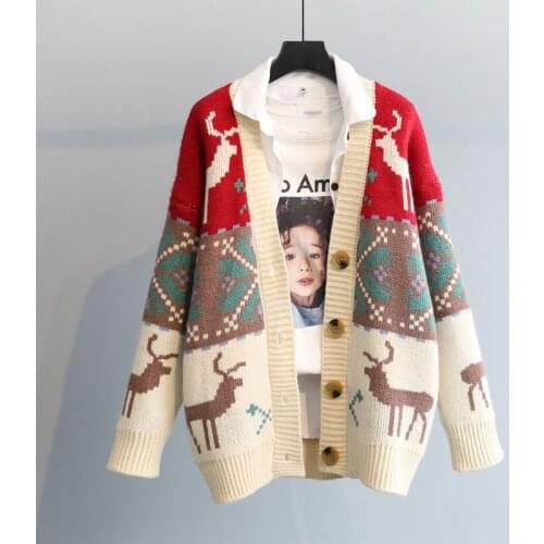 2021 Fall New Women Fashion Korean Sweater Jackets DEER Christmas Long Knit Coat Oversized Knit Sweater Cardigans Femme s1080