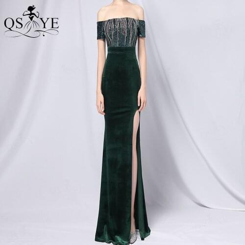 Velvet Emerald Evening Dress Off Shoulder Side Sleeves Prom Gown Sexy Split Fading Sequin Party Dress Fitted Women Formal Gown