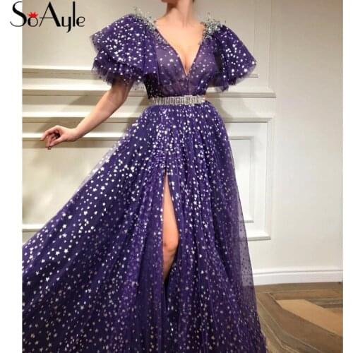 SoAyle Prom Dresses 2018 Blue Star Split Evening Dresses Coronas de la Boda Bling Formal Dresses Plus Glitter Vintage Dresses