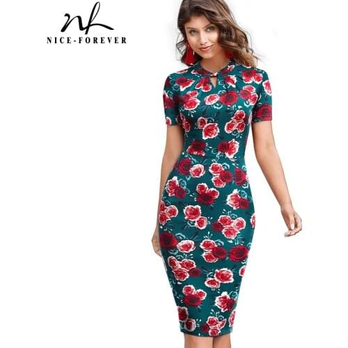 Nice-Forever Elegant Vintage Floral Printed vestidos Business Party Bodycon Pencil Women Summer Dress B534