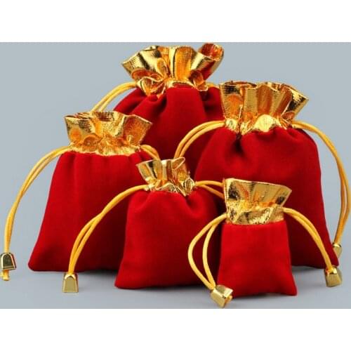 20Pcs/lot Red Gold Trim Velvet Drawstring Pouch Bag/Jewelry Bag Christmas/Wedding Gift Bag 7x9cm,8x10cm,10x12cm,12x15cm
