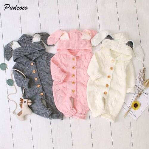 2019 Brand Cute 3-24M Newborn Baby Girls Boys Clothes Baby Rabbit 3D Eears Hooded Button Winter Knit Romper Jumpsuit Autumn