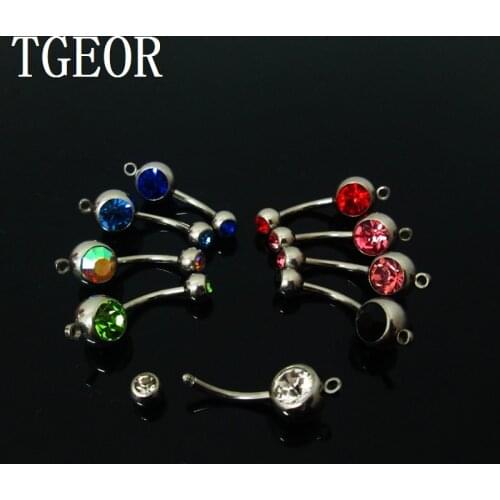 Free shipping HOT SALE 1 pair mixed double gem stone with dangle loop navel ring surgical Stainless Steel belly button ring