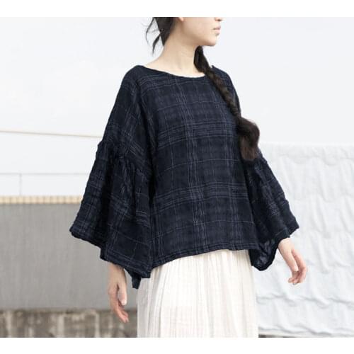 Women Spring Summer Ramie Cotton Jaquard Blouse Tops Shirt Female Loose Tops Ladies Blouse