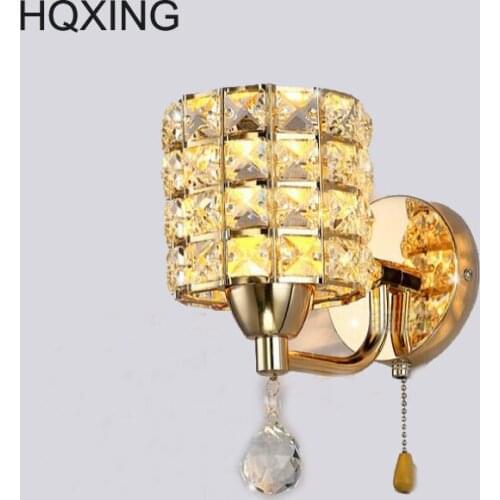 HQXING K9 crystal wall lamp Modern Zipper pull chain switch Stainless Steel Base lighting wall sconces lamparas de pared bedroom