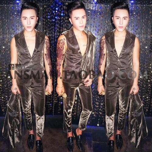 Male singer performance costumes mens self-cultivation magic black gold suit vest suit host dress nightclub DJ tide carnival pa