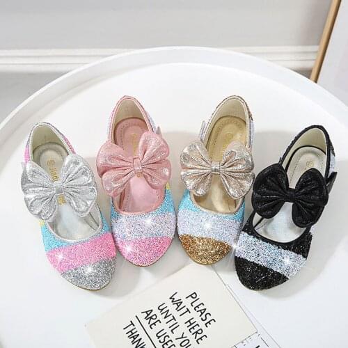 Girls Sequins Leather Shoes Princess Children Shoes Round-Toe Soft-Sole Big Girls High Heel Princess Crystal Shoes Single Shoes