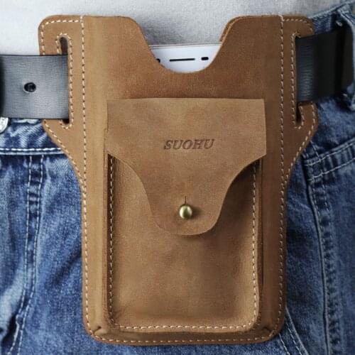 New business leisure fashion trend Leather Mens Retro mobile phone waist bag crazy horse leather belt mobile phone bag