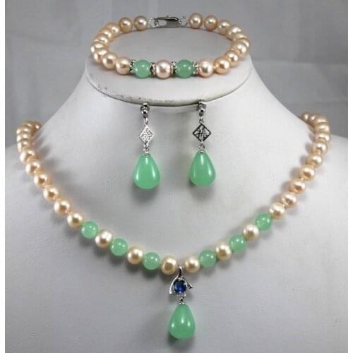 New Design Yellow Pearl Red/Green Jades Pendant Necklace Bracelet Jewelry Set