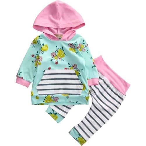 Pudcoco US Stock Lovely Kids Baby Girls Clothes Warm Long Sleeve Floral Hooded Clothes Striped Pants Outfit 0-3Y