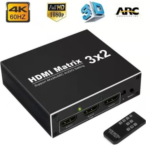 4K HDMI Splitter 60Hz Ultra HD 3X2 Matrix Switcher Switch R/L+ARC 3 Ports Inputs 2 Port Outputs with IR Remote HDCP1.4