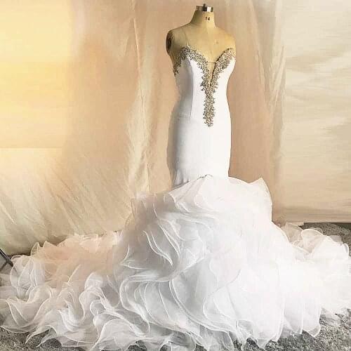 RSW1674 Heavy Beading Crystal Plunging Neckline Organza Puffy Ruffle Skirt White Mermaid African Wedding Dress
