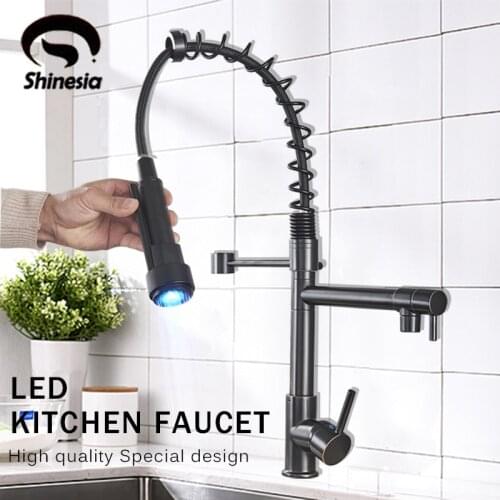 Shinesia LED Kitchen Faucet Chrome Finish Dual Spout Deck Mount Kitchen Sink Mixer Tap Kitchen Hot and Cold Water Tap