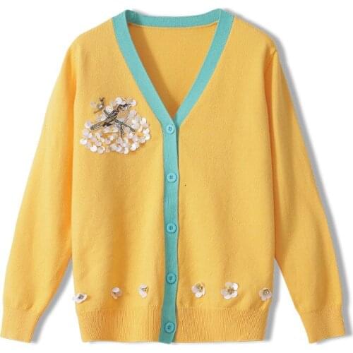 Tops Autumn Winter European Geeky Chic Style Womens Long-Sleeved V-Neck Sequined Bird Flower Slim Knit Sweater Cardigan Jacket