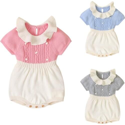 Infant Baby Girls Knitting Jumpsuit Doll Collar Splicing Short Sleeve Spring Autumn Toddler Baby Girl Knitting Bodysuits