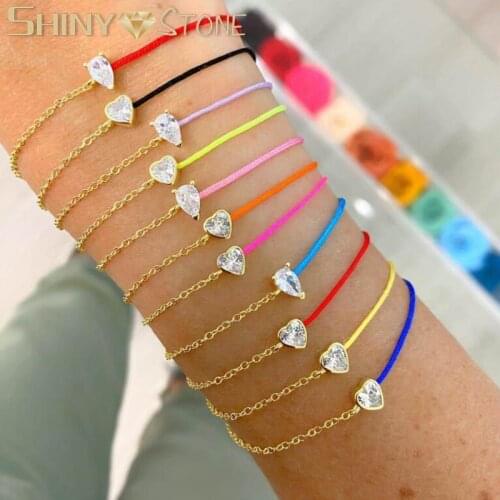 Real 925 Sterling Silver Bracelets For Women Red Yellow Colorful String Half Rope Paved Round Heart CZ Hand Chain Fine Jewelry