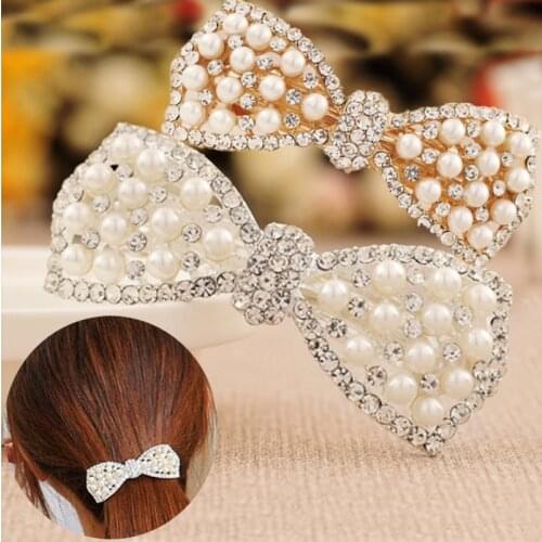 Women Elegant Rhinestone Pearl Hair Clips Bow Barrettes Scrunchies Hairpins Ponytail Holder Headdress hair accessories for women