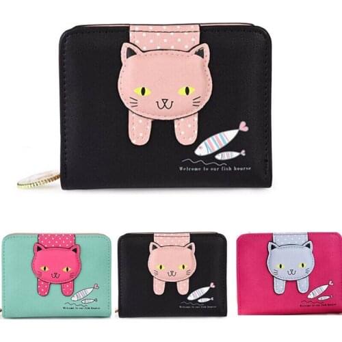 Womens Short Small Money Purse Cute Cat Wallet Leather Folding Coin Card Holder
