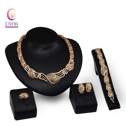 Women Wedding Dress Accessories Costume Party Gold colorCrystal African Beads Fine Jewelry Sets Necklace Bracelet Earring Ring