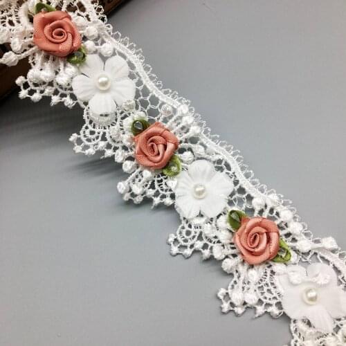 1 yd Soluble Wave Rose Flower Organza Pearl Mesh Embroidered Fabric Lace Trim Ribbon DIY Sewing Craft For Costume Hat Decoration