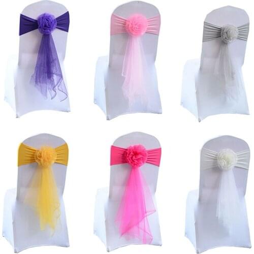 100pcs Spandex Organza Floral Tassel Chair Sash Elastic Silk Chair Band Bow Ties Wedding Party Banquet Supply
