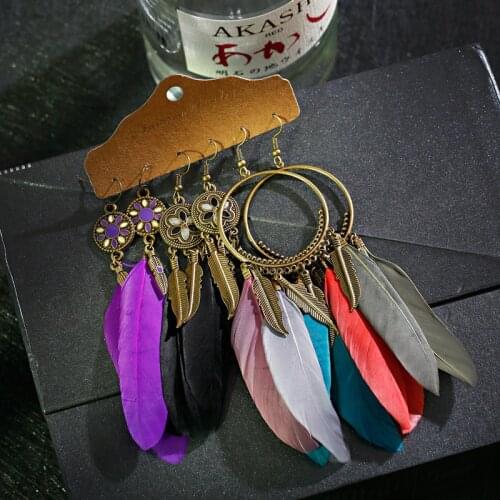 3Pairs/Lot Vintage Summer Feather Ladies Earrings Dreamcatcher Indian Gypsy Hippie Earrings Boucle D'oreille