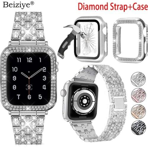 Diamond Strap+Case For Apple Watch Series 6 5 4 SE band 40mm 44mm Luxury Stainless Steel Bracelet For Apple Watch Band 42mm 38mm