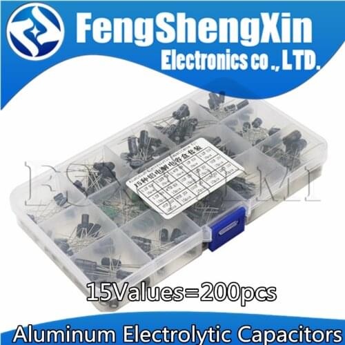 15Values 200Pcs/lot 0.1UF-220UF Aluminum Electrolytic Capacitors 16-50V Electrolytic capacitor Assorted kit + box