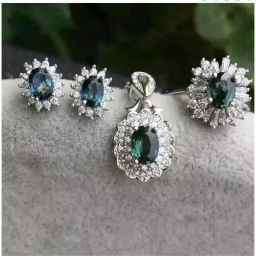 Free Shipping Natural sapphire jewelry set Natural Real sapphire 925 sterling silver 1pc pendant,1pc ring ,2pcs Earring