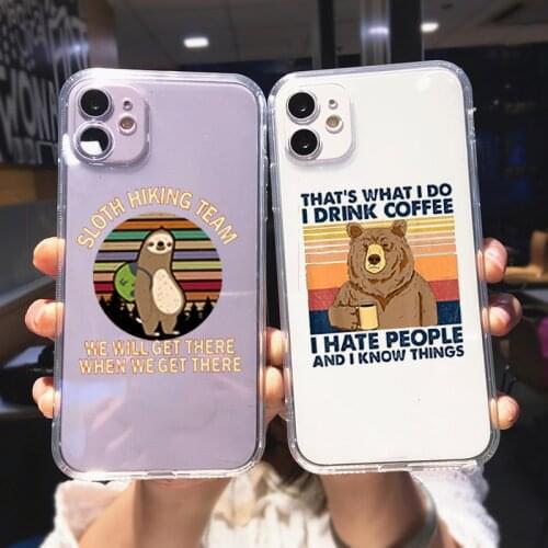 Funny Cute Cartoon Bear Cat Phone Case for IPhone 12 Pro Max 11 X XS XR 7 8 Plus Animal Sloth DRINK COFFEE Letter Soft TPU Cover