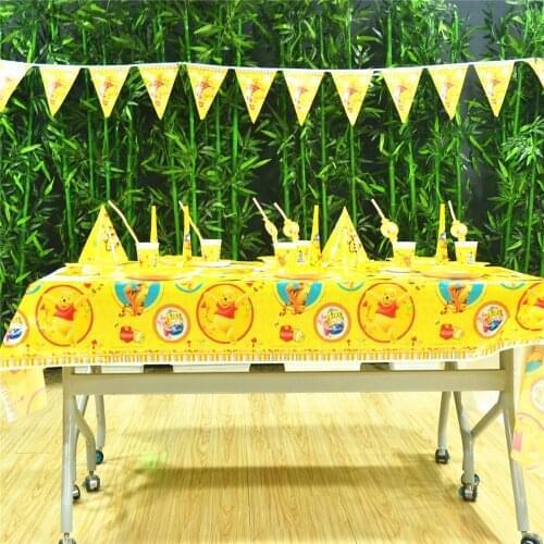 Winnie Bear Birthday Party Decoration Tablecloth Banner Caketopper Invitation Cards Popcorn Box Plates Cup Party Favors