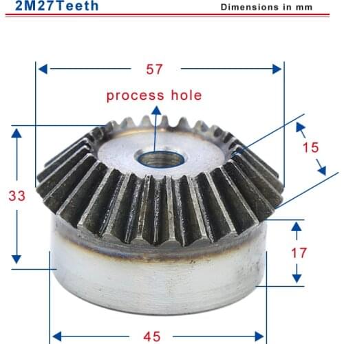 2M27 teeth bevel gear outer diameter 57 mm total height 33 mm process hole low carbon steel material gear