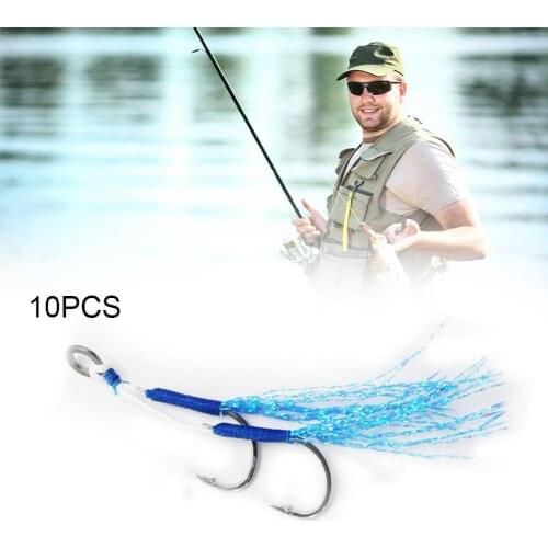 10pair/Lot Ring JigLure Assist Hook Jigging Fishjig Pair Assist Feather Jig Fishing Pesca Blue Hooks Peche Double Bar