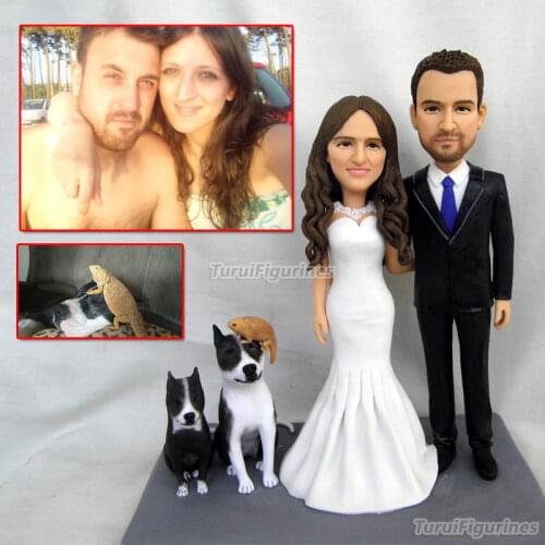Polymer clay doll figure statue gift Bride & Groom Personalized Wedding Cake Topper Custom with dog Handmade Bride and Groom Cak