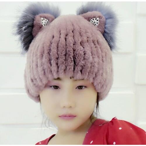 Girls Fur Hat winter warm ear hats with diamond hand knitted solid rabbit fur with fox fur fluffy fashion beanie hat