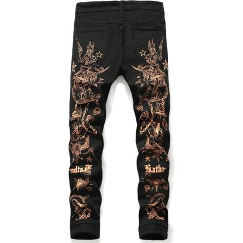 Printed Mens Jeans Black Casual Pencil Denim Pants Hip Hop Streetwear Jeans for Male