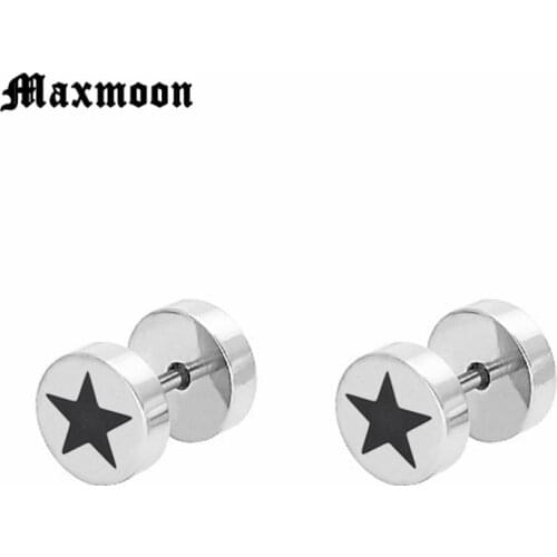 Maxmoon Mens Cool Pentagram Stud Earrings Stainless Steel Male Boy Earring Accessories Silver Color