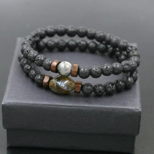 2pcs/set Men Bracelet Natural Labradorite Moonstone Lava Stone Beads Bracelet Chakra Charm Women Bracelets For Couples Jewelry