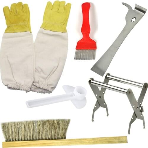 6 in 1 complete bees tools kit protection gloves uncapping scraper hive holder brush bee feeder plastic tool system supplier