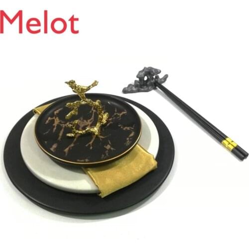New Chinese Tableware Modern Model Between The Black Gold Plate Round Marble Combination Set Pad Light Luxury Plate Minority
